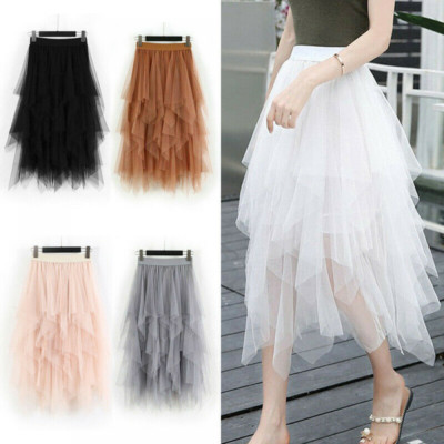 New Women High Waist Ruffle Mesh Tutu Skirt Sheer Net Tulle Pleated Maxi Dress