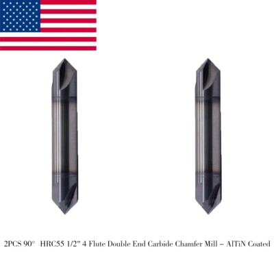 2PCS 90° HRC55 1/2'' 4 Flute Carbide Chamfer Mill - AlTiN Coated - Double End USA
