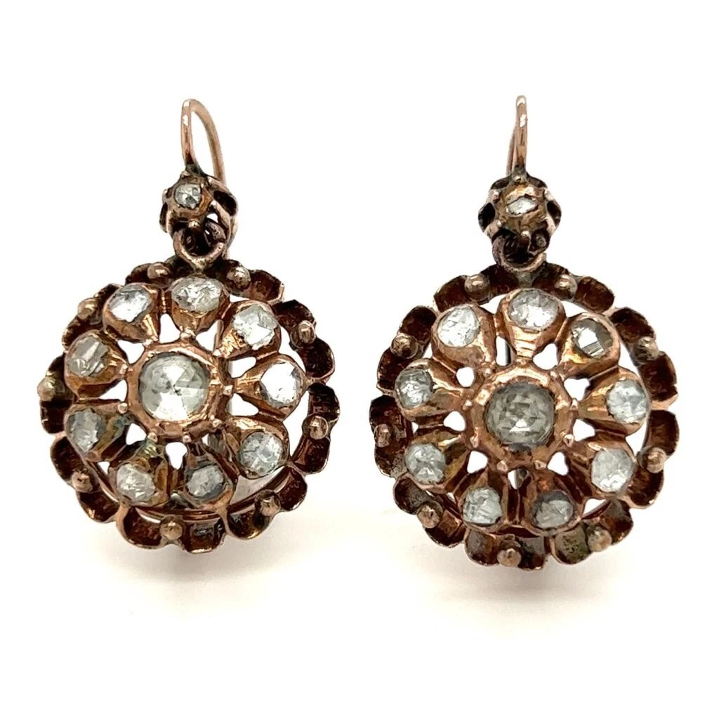 Antique Ottoman Rose Cut Diamond 8k Rose Gold Earrings