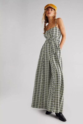 Free People Hold Me Tight Jumpsuit Indigo Combo Gingham Wide Leg XS  No Belt