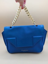 Halston Heritage Blue Leather Flap Top Handle Bag Gold Chain Pristine Preowned