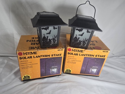 Set of 2 Halloween Solar Lantern Stakes Bats Graveyard Outdoor Yard Decor w/ Box