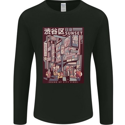 Gildan SoftStyle Herren Langarm T-Shirt Japan City Vibes Print Rundhals