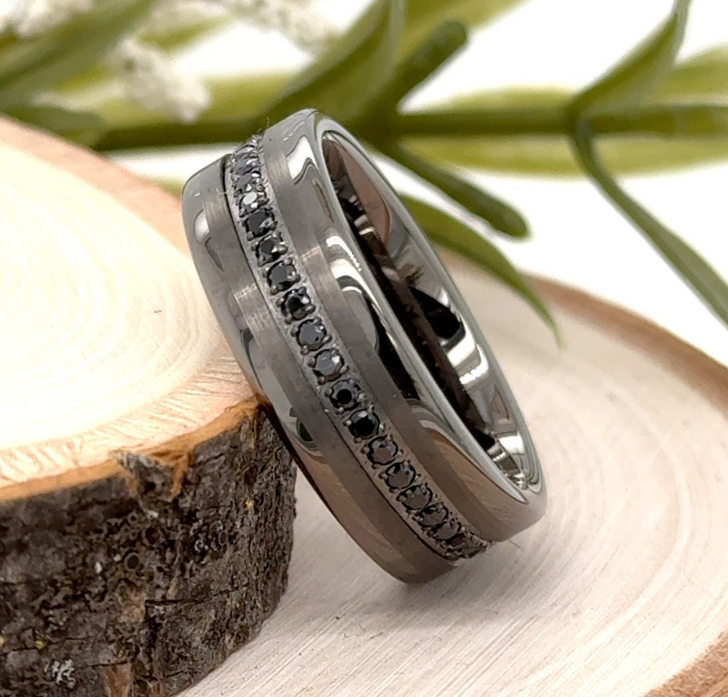 8mm Gray Tungsten Carbide Ring Black CZ Inlay beveled Edges Free Engraved Band
