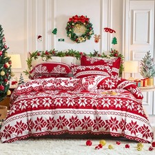 Christmas Duvet Cover Set Queen Size, Red and White Snowflake Xmas Holiday Pa...