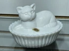 Vintage Westmoreland  Milk Glass Cat On Nest/Basket Candy Or Trinket Dish