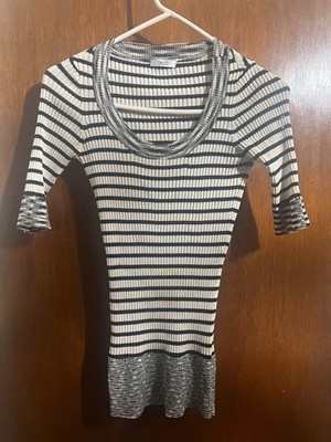 SHIRT BLOUSE WOMEN XS EXTRA-SMALL SHORT SLEEVE STRETCH BLACK STRIPES CACHE