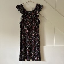 LOFT Womens Dress Small Petite Garden Swing Ruffle Sleeve Floral Navy Blue