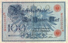Genuine 100 Mark German empire banknote 1908 fine cond  rarer red no !!!