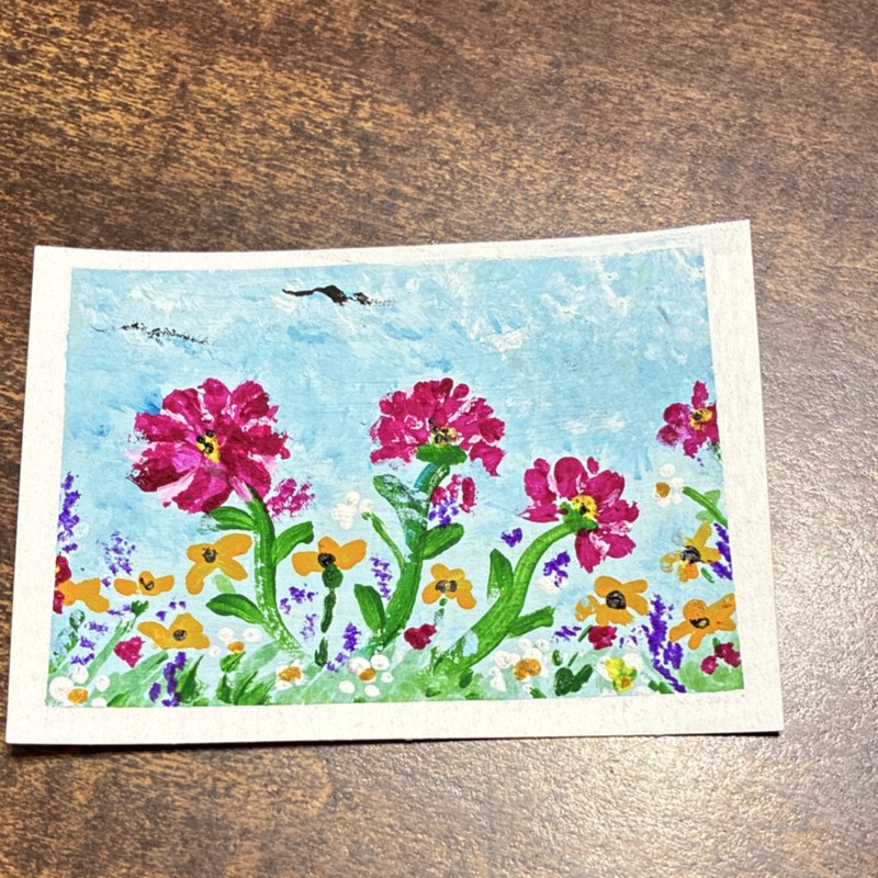 ACEO mini floral painting pink flowers landscape textured art