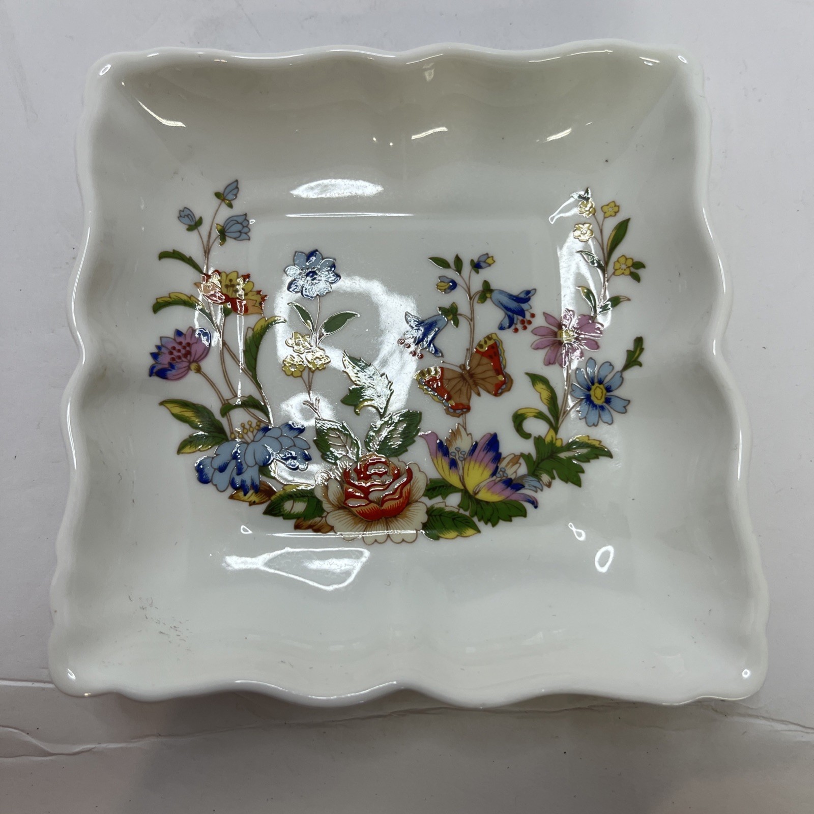 Aynsley Cottage Garden Bone China Trinket Dish Scalloped Square Made in England