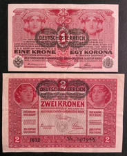 AUSTRIA SET OF 2 BANKNOTES  1919  1 KRONE AND 2 KRONEN  P-49 P-50  Free Shipping