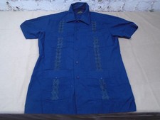 Vintage Yuca Guayabera Shirt Mens SZ M Navy Blue 4 Pocket Pleated Merida Mexico