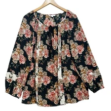 DR2 Womens Long Sleeve Peasant Clouse Size 3X Black Floral Tassel Tie Neck Boho