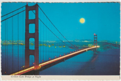 SAN FRANCISCO, CA - THE GOLDEN GATE BRIDGE AT NIGHT FACTS VINTAGE POSTCARD 1W2