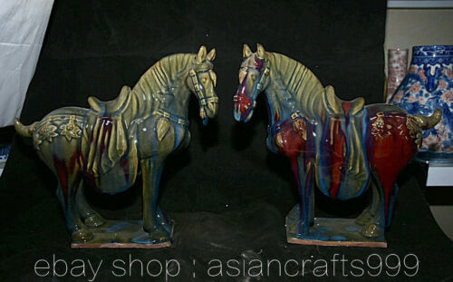 14.8"China Song Dynasty Jun four porcelaine zodiaque animal cheval statue couple - Photo 1/12