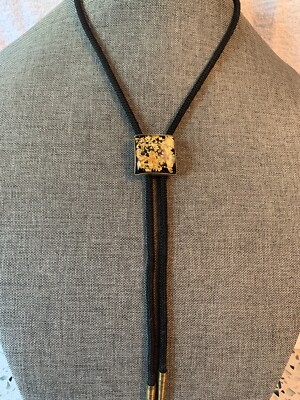 Bolo Tie, Gold Flakes Encased in Lucite, Leather Gold String