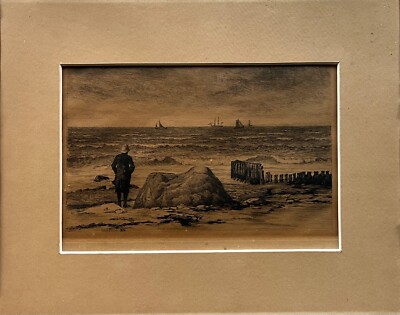 Radierung Radierung Carl Bloch 1834-1890 Mann am Strand Meer Segelschiffe Küste