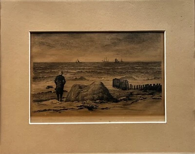 Radierung Radierung Carl Bloch 1834-1890 Mann am Strand Meer Segelschiffe Küste - Bild 1 von 4