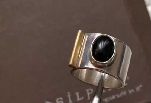 Silpada 925 Sterling Silver & Brass Onyx Ring  9 R0252 - Afbeelding 1 van 10