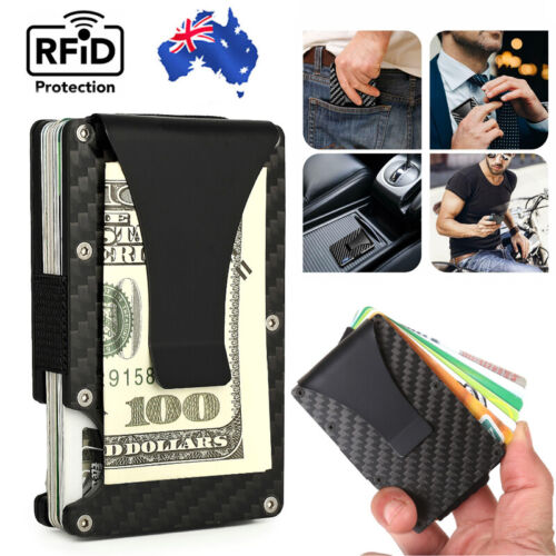 Men's Slim Carbon Fiber Credit Card Holder RFID Blocking Wallet Money Metal Clip - Picture 1 of 12