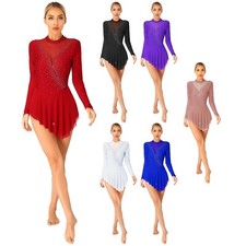 Womens Dance Competition Costume Irregular Hem Leotard Stage Performance Shiny