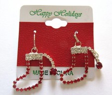 Christmas Fashion Earrings- Stocking- red  clear stones- french wire holiday