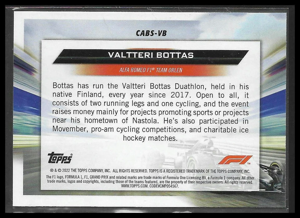 2022 Topps Formula 1 Clean Air Blue Skies #CABS-VB Valtteri Bottas F1 - Image 2 of 2