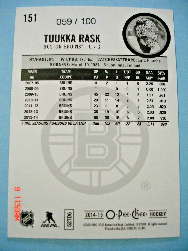 2014-15 O-Pee-Chee "Black Rainbow" Parallel # 151 Tuukka Rask SP!  (059/100) - Image 2 of 2