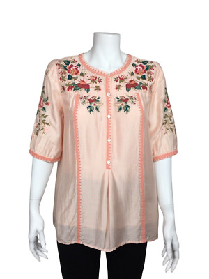 Sundance Sz Medium Isla Rose Floral Cross Stitch Embroidered Half-Button Blouse