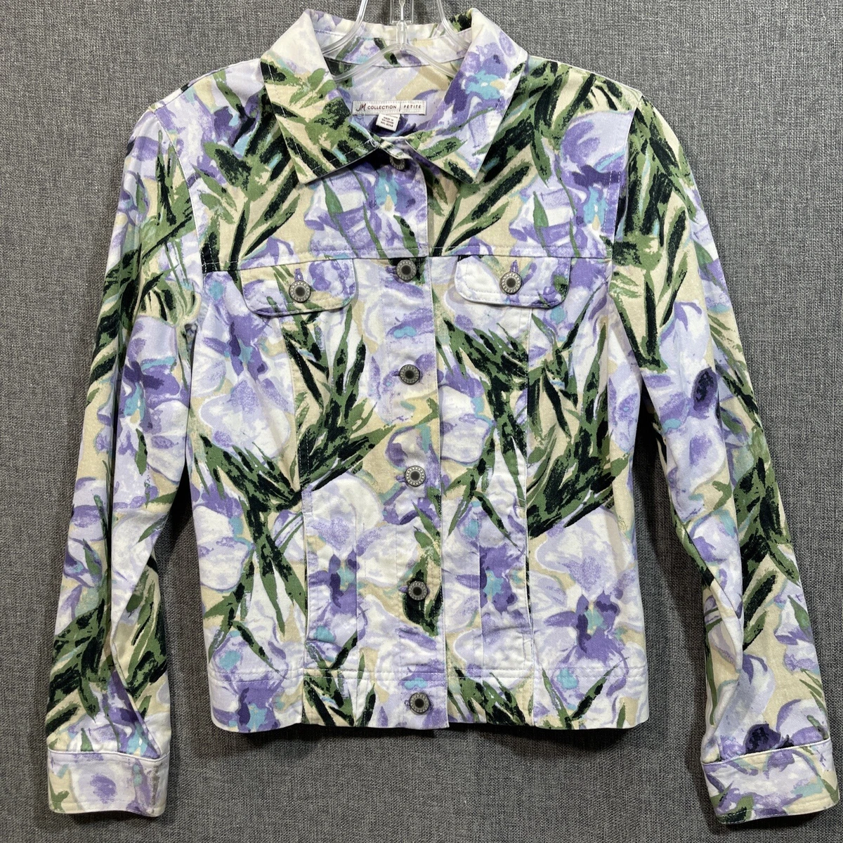 JM Collection Womens Petite 2P Denim Floral Button Jacket Lgt Weight Purple WS5