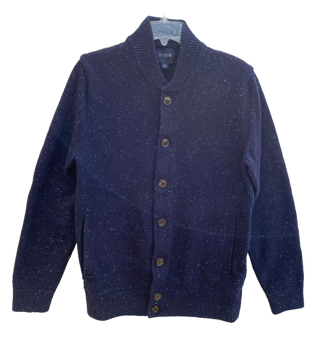 J. Crew Cardigan Sweater Men s Small Blue w Specks 70 Lambs Wool
