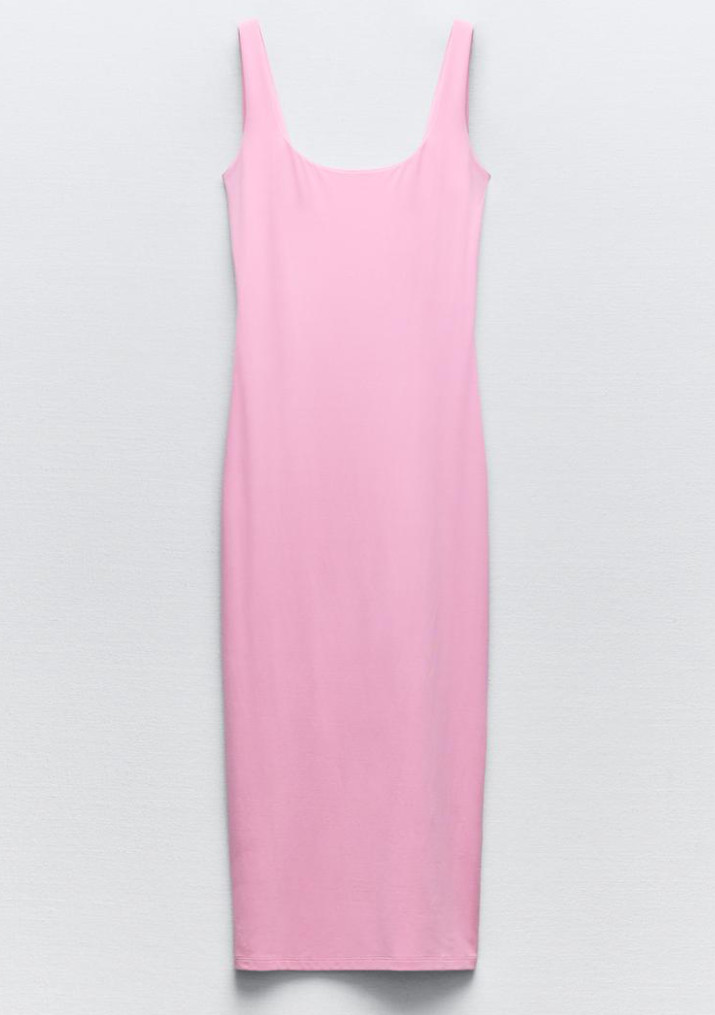 Zara Polyamide Long Pink Midi Dress Super Soft Slimming Comfort Size S NWT