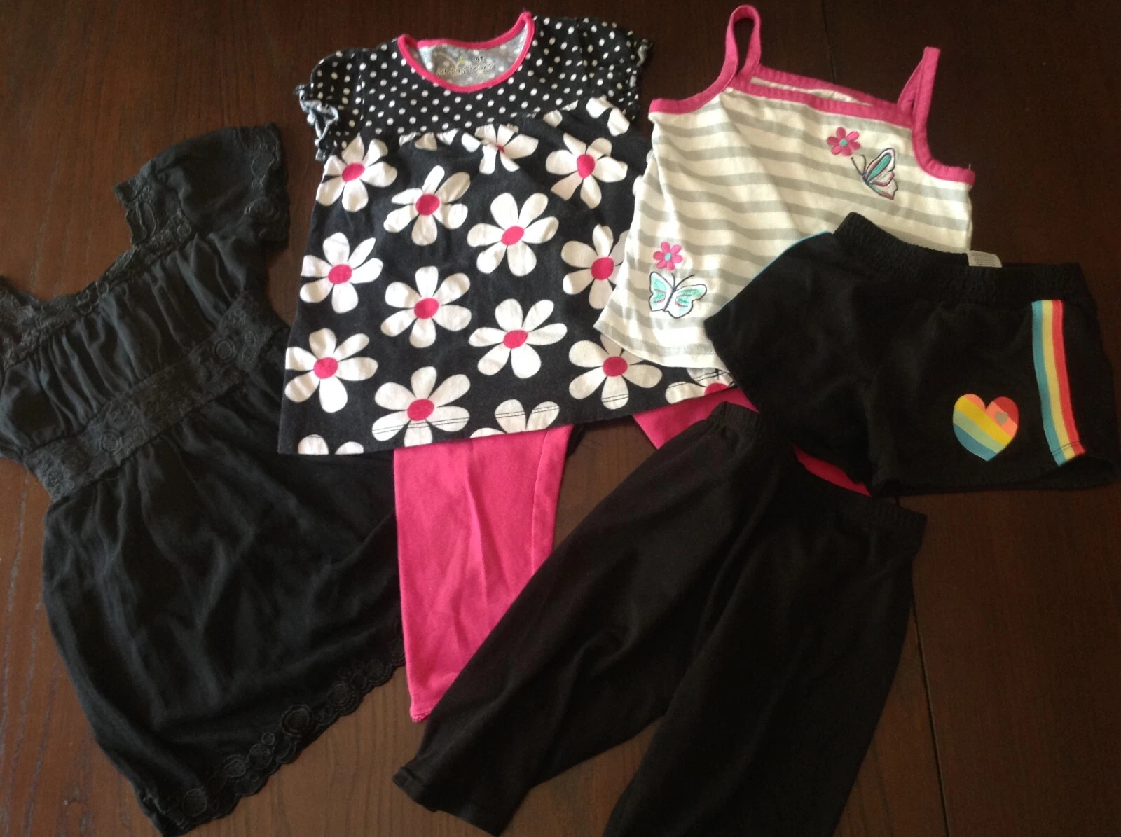 Girls clothing lot size 4/5, color theme Hot Pink & Black, polka dots & stripes