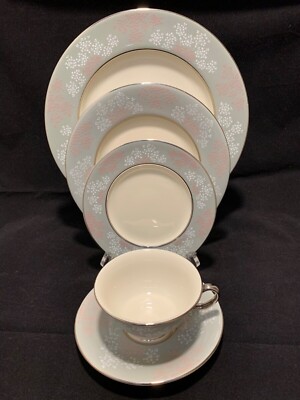 CASTLETON CHINA 5 piece Place Setting Gray and Pink Lace EUC | eBay