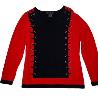 Elena Wang Red Black Lace Up Grommet Knit Top Womens Large Rockabilly Alt Chic
