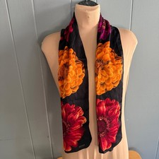 Echo Silk Scarf Black Zinnia Dahlia Floral Print Red Orange Oblong Rectangular