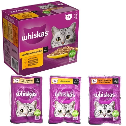 12 x 85g Whiskas Wet 1+ Cat Food Chicken Favourites In Jelly Turkey Duck Flavour