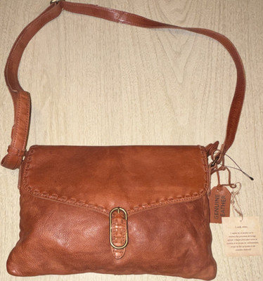 Brown Genuine Leather Shoulder Bag Buckle Closure Distressed Gold Hardware