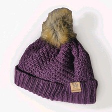 Yo Colorado Cosmo Beanie Dark Purple Knit Faux Fur Pom Pom Leather Label Cap New