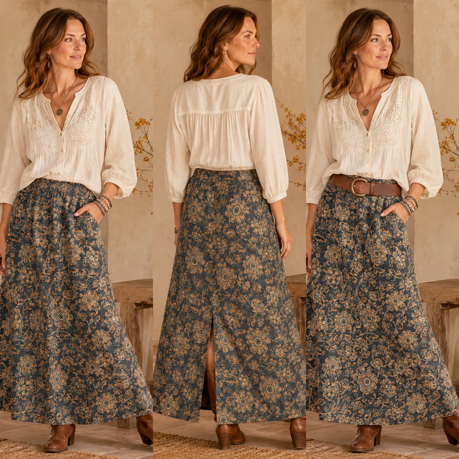 Sundance Catalog Silk Linen Floral Maxi Skirt 10 Pockets Boho Cottagecore RARE!