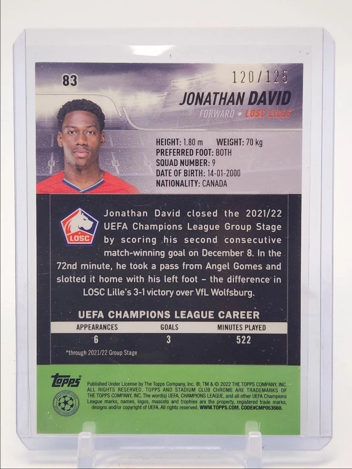 JONATHAN DAVID 2021 STADIUM CLUB CHROME ROOKIE GREEN YELLOW RC /125 Q1219 - Image 2 of 2