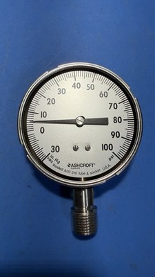 Ashcroft Duragauge 0-100 PSI / -30 inHg Vacuum Gauge 3.5  1/2  NPT 316 SS. Read