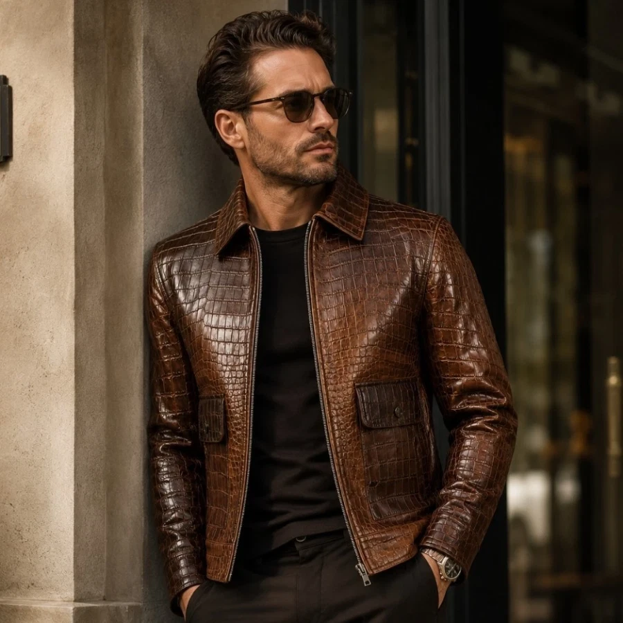 Mens Croc Print Real Brown Leather Biker Jacket Embossed Alligator Vintage image 7