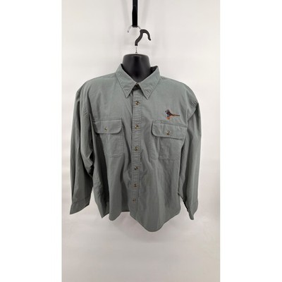 Vintage Cabelas Upland Hunting Shirt XL Gray Embroidered Pheasant Canvas LS