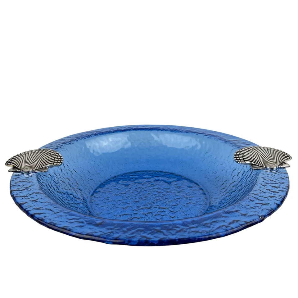 RARO Mud Pie Ocean tigela de vidro azul escuro 15" detalhes de concha costeira náutica vintage - Imagem 2 de 4