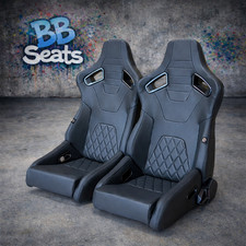 Pair BB6 GT Quilted Diamond Stitch Reclining Bucket Sports Racing Seats + Runner