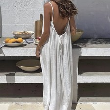 Women's Loose Long Tank Dress with Backless Design for Home Wear New