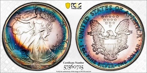 1990 $1 American Silver Eagle Blue Rim Toned on Both Side PCGS MS67 #0725