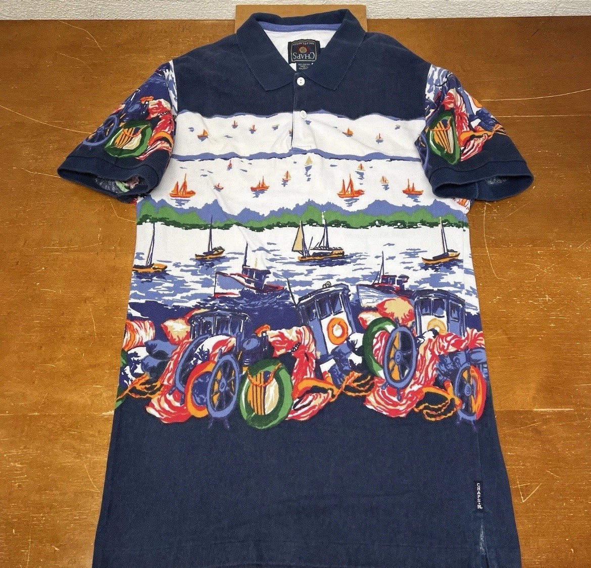 Vintage Chaps Shirt Mens Large Blue Polo Sailboats Short Sleeve All Over Print